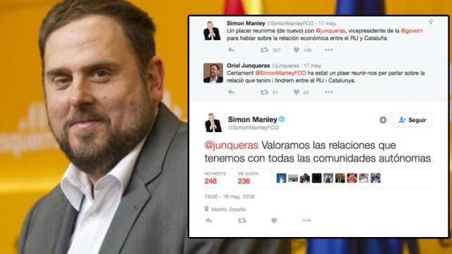 Oriol Junqueras (i) y el intercambio en Twitter con el embajador británico en España, Simon Manley.