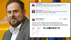 Oriol Junqueras (i) y el intercambio en Twitter con el embajador británico en España, Simon Manley.