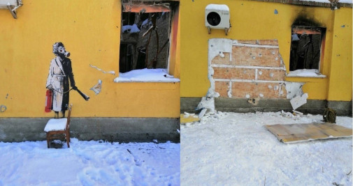 Grafiti de Banksy en la ciudad de Hostómel, cercana a Kiev (Ucrania), que ha intentado ser robado por un individuo al que las autoridades ucranianas han detenido / ADMINISTRACIÓN MILITAR DE KIEV