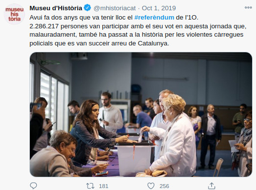 Tuit del Museo de Historia de Cataluña conmemorando el segundo aniversario del referéndum ilegal de secesión del 1-O / @mhistoriacat (TWITTER)