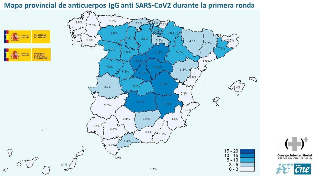 Mapa serológico provincial facilitado por el Ministerio de Sanidad / EFE