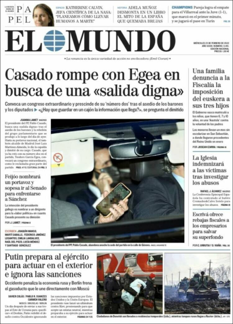 Portada de 'El Mundo' del 23 de febrero del 2022