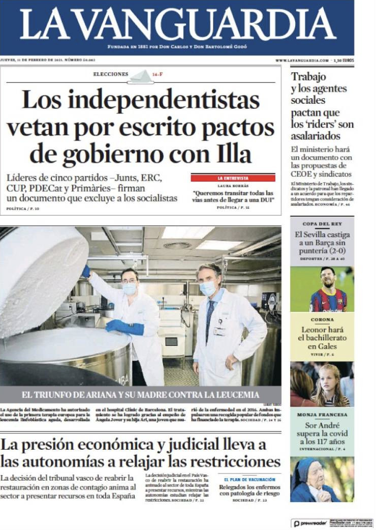 Portada de 'La Vanguardia' del 11 de febrero de 2021 / KIOSKO.NET