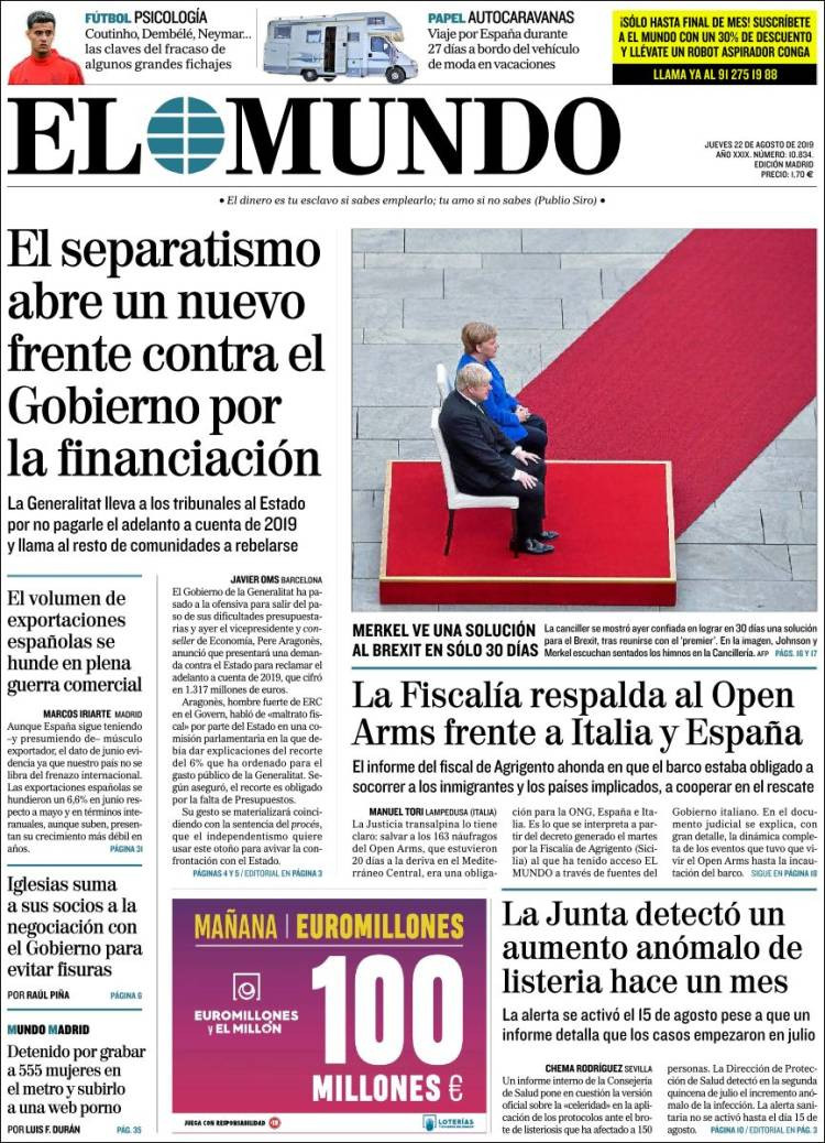 Portada de 'El Mundo' del jueves 22 de agosto