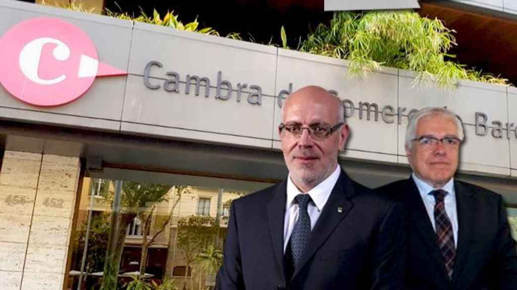 Jordi Baiget (d), 'conseller' de Empresa y Conocimiento, junto a Narcís Bosch (d), director general del Consejo General de Cámaras de Comercio de Cataluña ante la organización central, la de Barcelona / FOTOMONTAJE DE CG