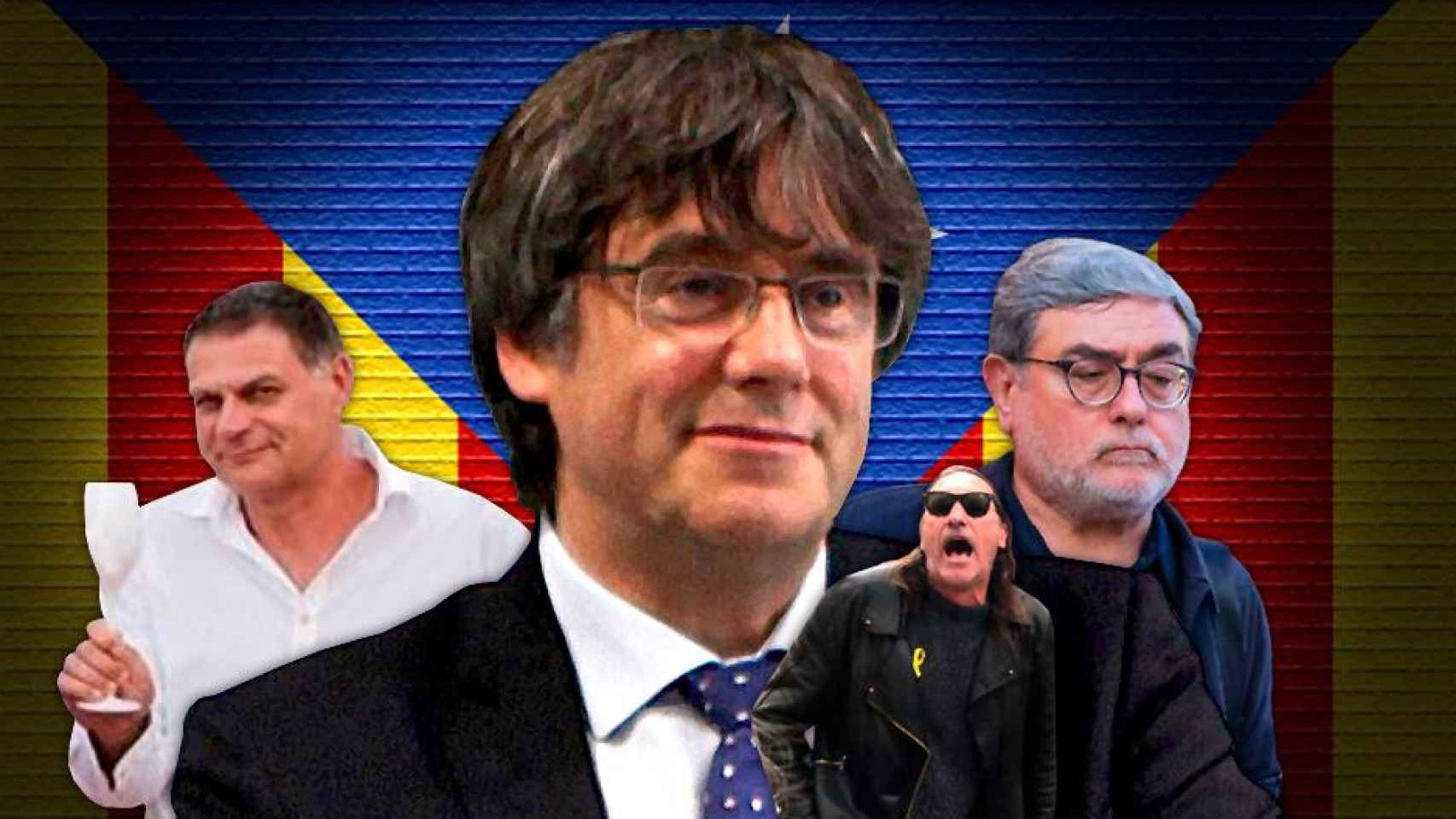 El expresidente de la Generalitat Carles Puigdemont rodeado por los exmiembros de Terra Lliure Miquel Casals, Frederic Bentanachs y Carles Sastre / FOTOMONTAJE CG