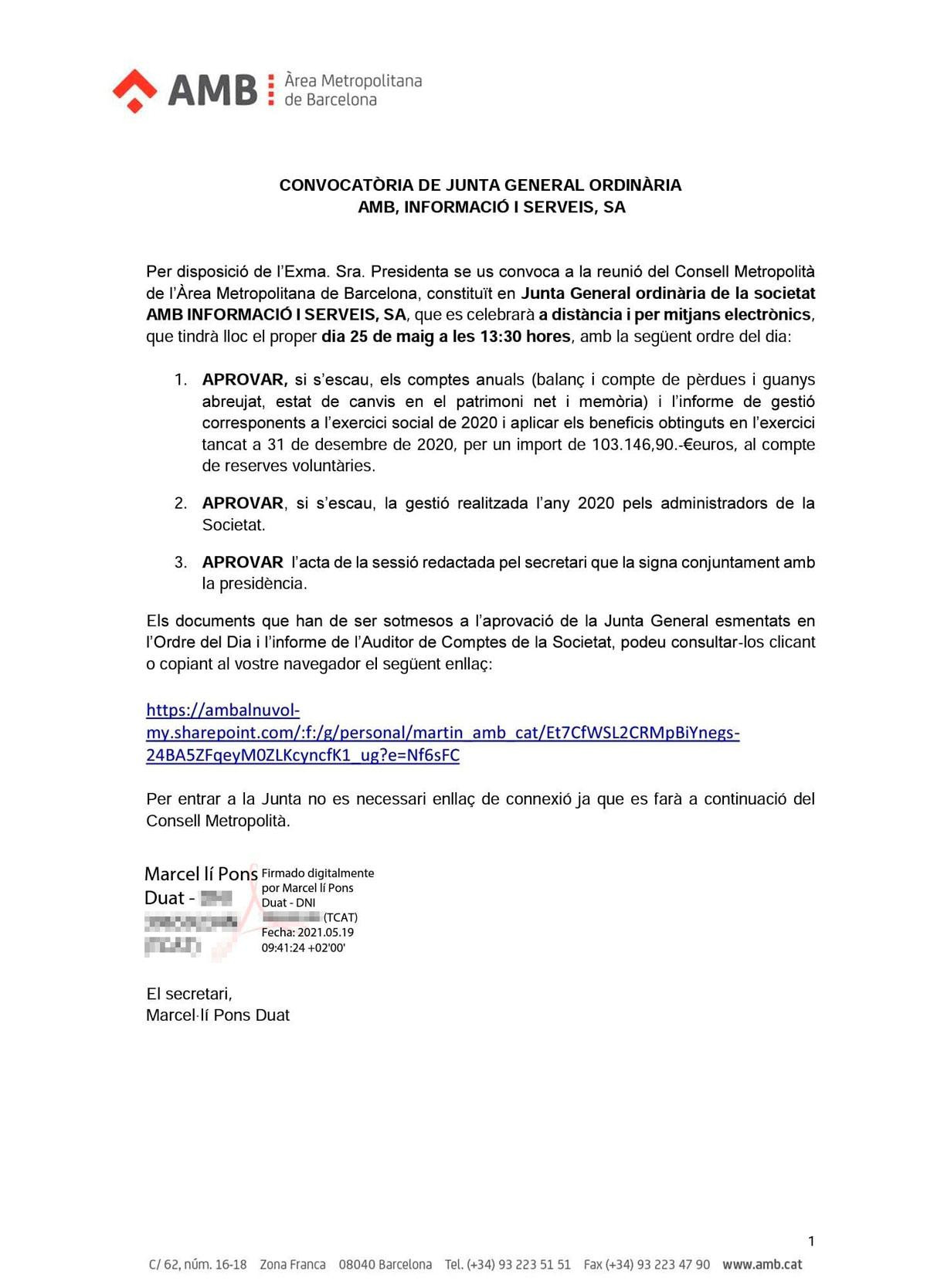 El documento del AMB que se hizo público con un acceso al sistema de información del Área / CG