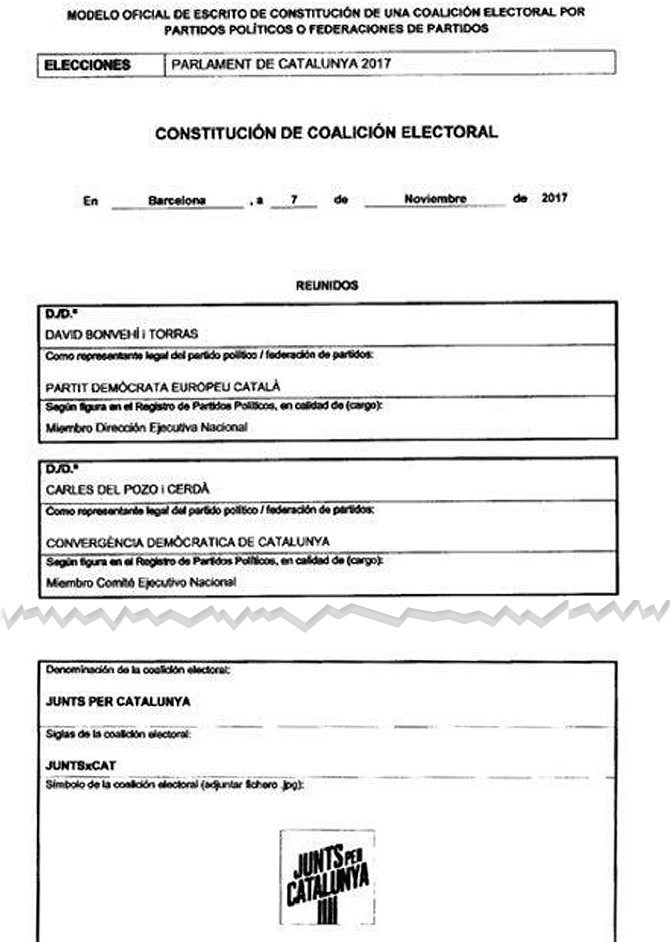 Escrito de constitución de la coalición electoral Junts per Catalunya / CG