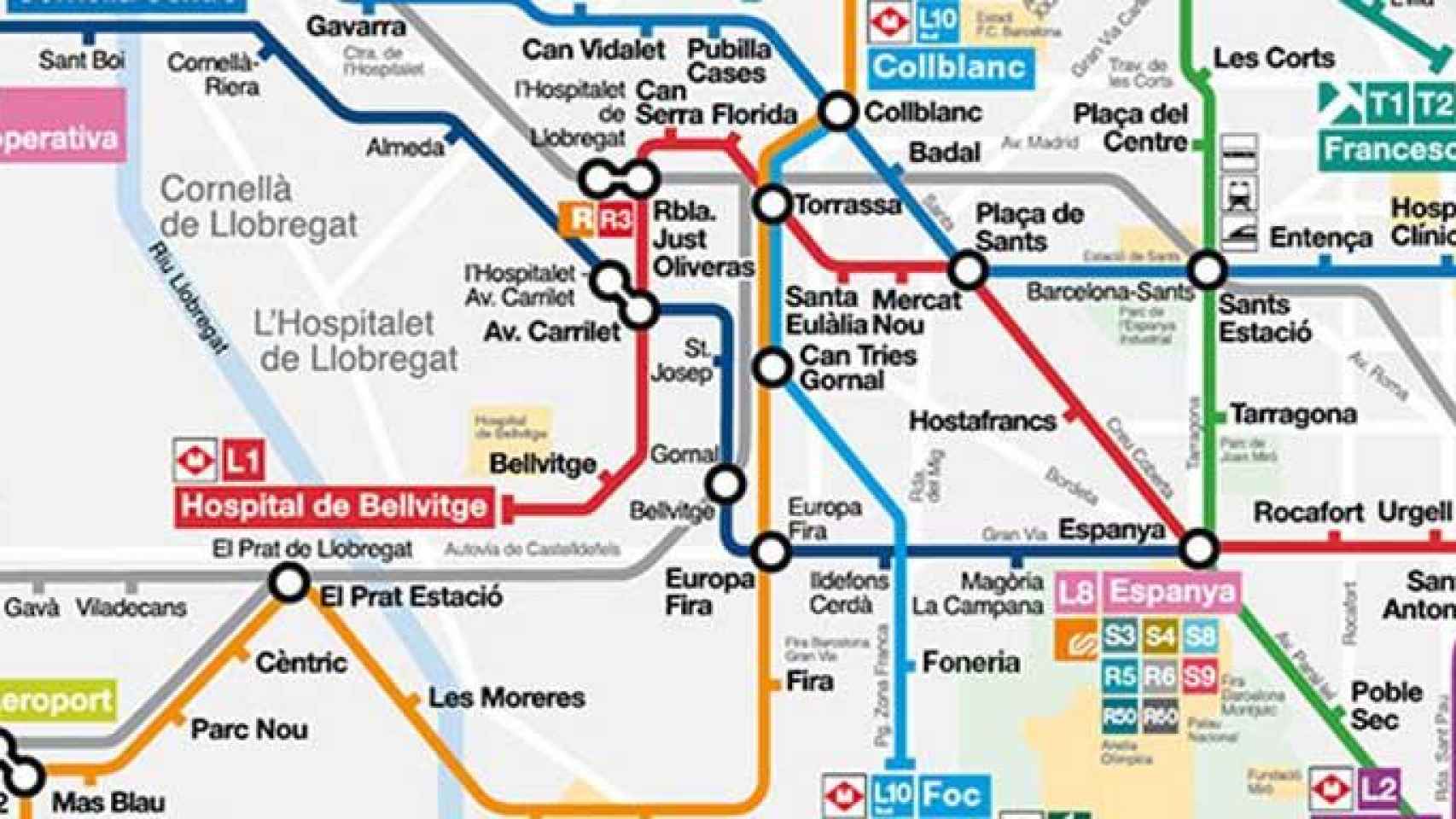 Mapa del Metro de Barcelona con la L10 a su paso por Zona Franca / TMB