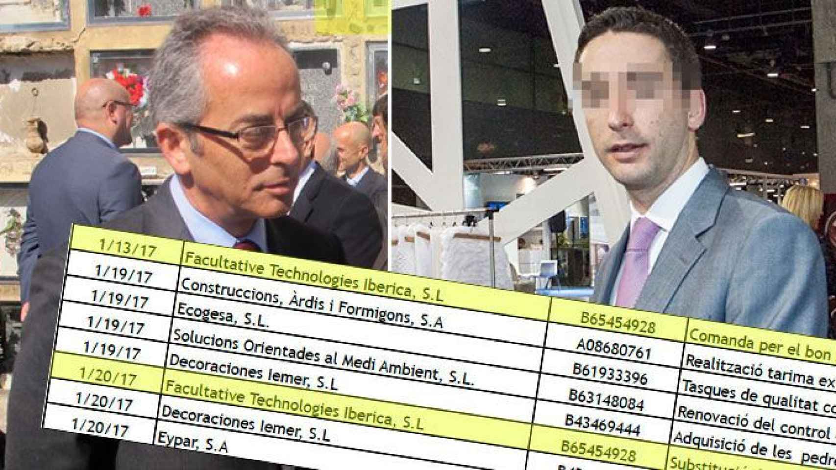 Jordi Valmaña, director general de Cementiris de Barcelona (i); su hijo (d) y extracto de la contratación menor de la empresa municipal en 2017 / CG