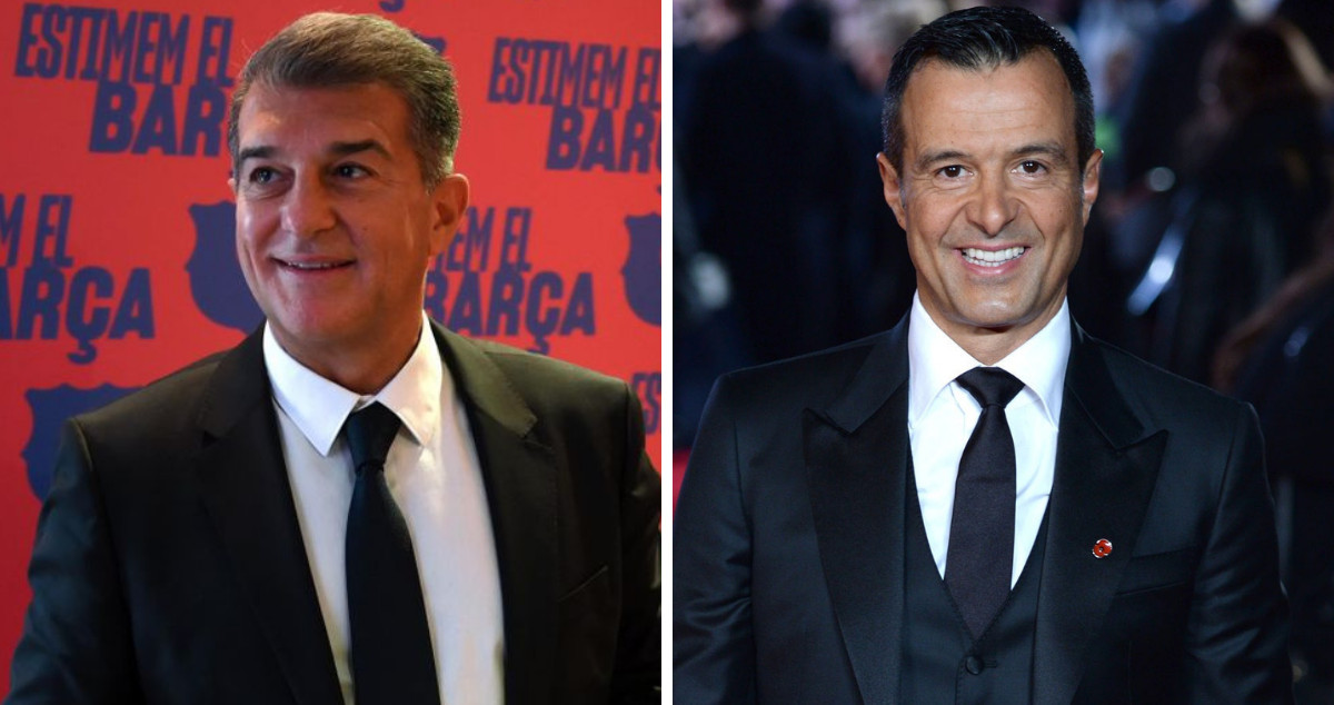 Joan Laporta y Jorge Mendes, representante de Ansu Fati, en un fotomontaje / Culemanía