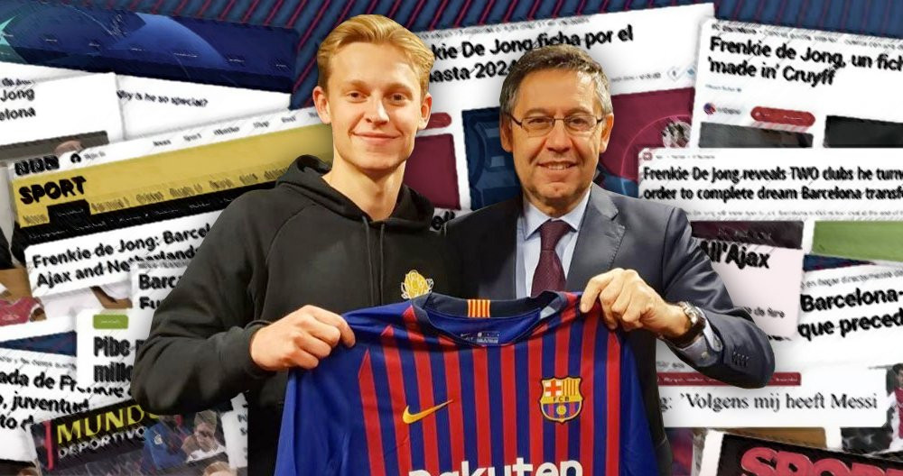 De Jong posa con Bartomeu y la prensa recoge el fichaje / FOTOMONTAJE DE CULEMANÍA