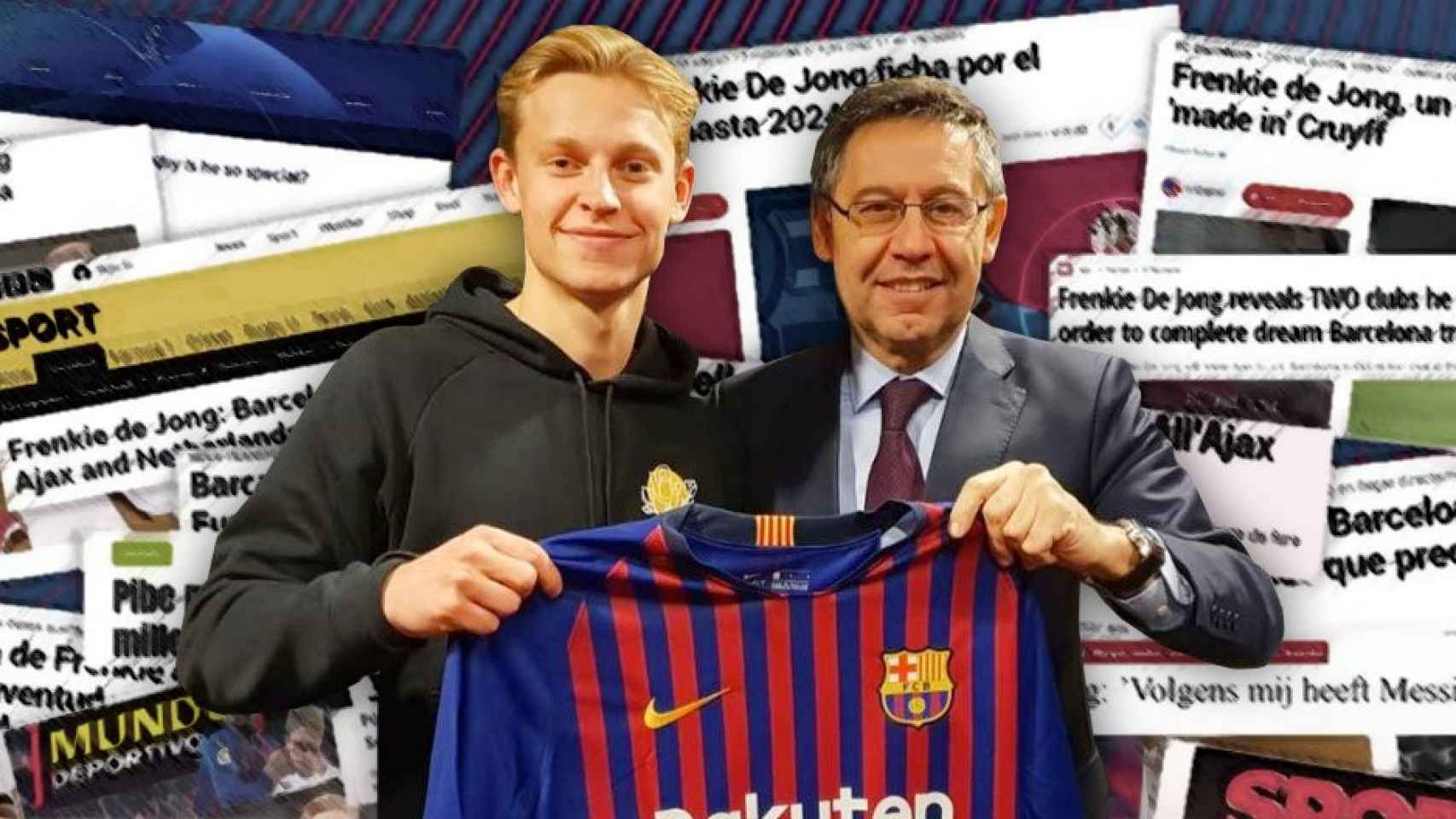 De Jong posa con Bartomeu y la prensa recoge el fichaje / FOTOMONTAJE DE CULEMANÍA