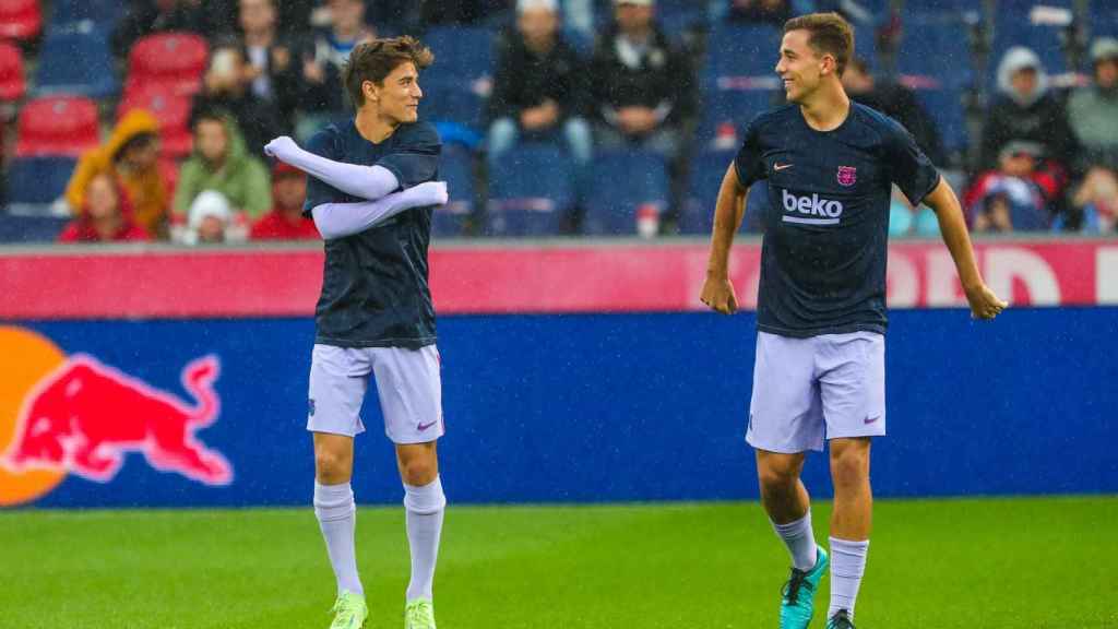 Gavi y Nico, durante una sesión de calentamiento antes de un partido del Barça / FCB Twitter