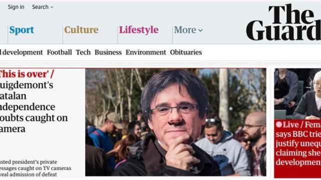 'The Guardian' destaca en su portada la noticia sobre los mensajes de Puigdemont a Comín / CG