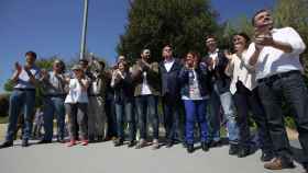 Los representantes de Esquerra Republicana de Catalunya, con Oriol Junqueras en el centro, en el act celebrado hoy en la Ciutadella / CG