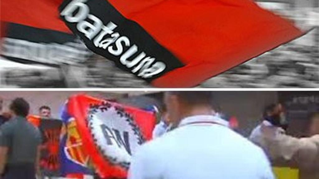 Arriba, una bandera de Batasuna; abajo, un momento del asalto de los ultras a la sede de la Generalidad en Madrid