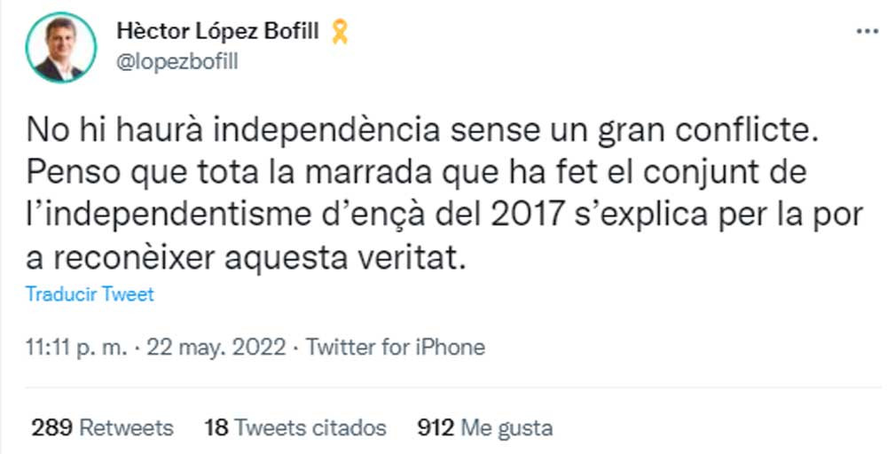 López Bofill, hablando de un gran conflicto por la secesión de Cataluña en su perfil de Twitter