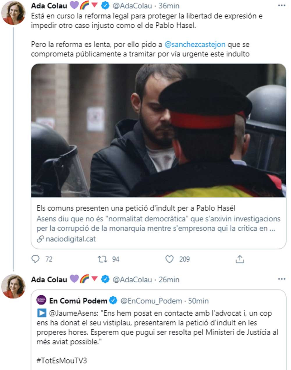 Ada Colau, pidiendo el indulto para Pablo Hasél