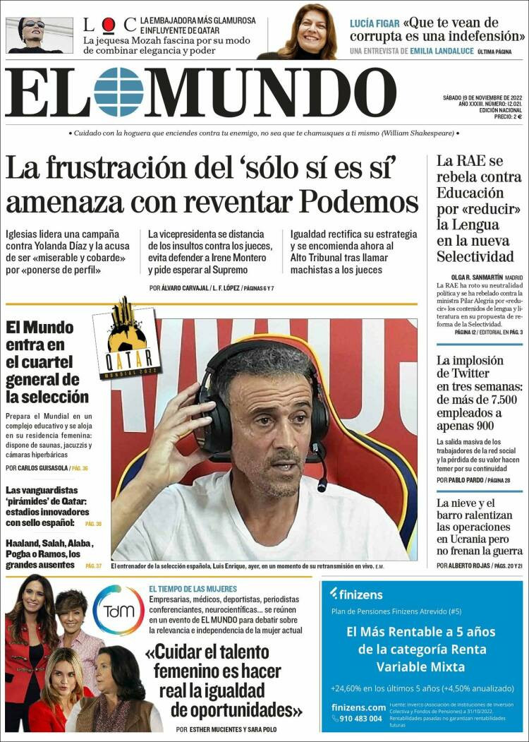 Portada de 'El Mundo' del 19 de noviembre de 2022