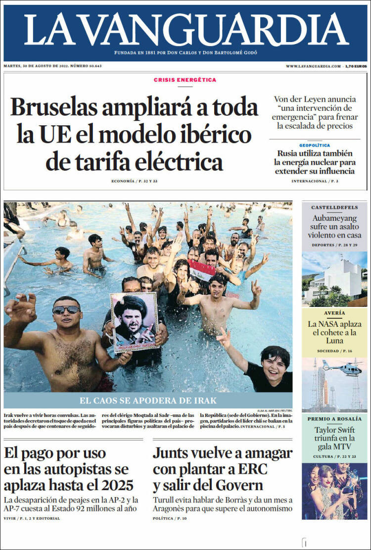 Portada de 'La Vanguardia' del 30 de agosto de 2022