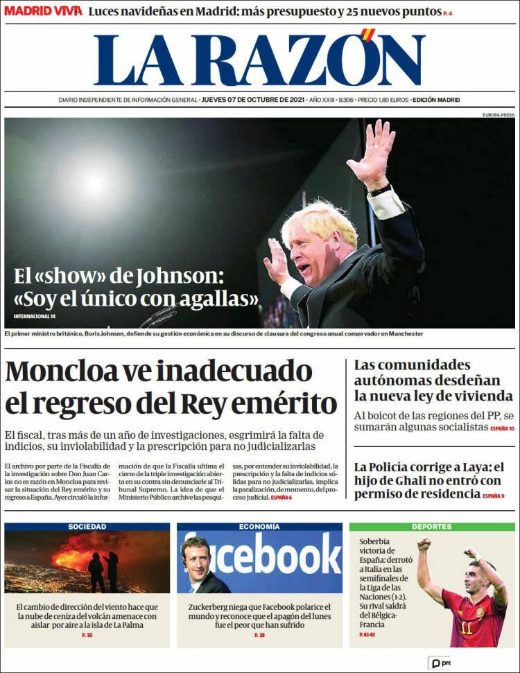 Portada de 'La Razón' del 7 de octubre de 2021 / KIOSKO.NET