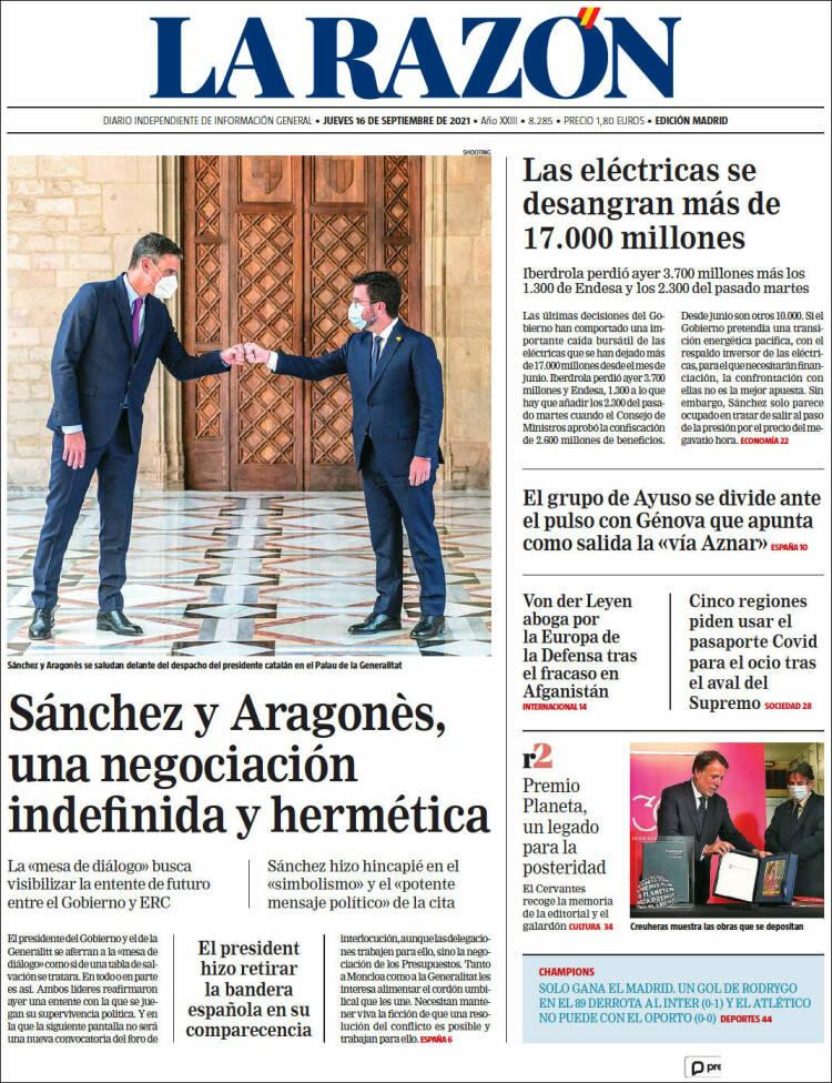 Portada de 'La Razón' del 16 de septiembre de 2021 / KIOSKO.NET