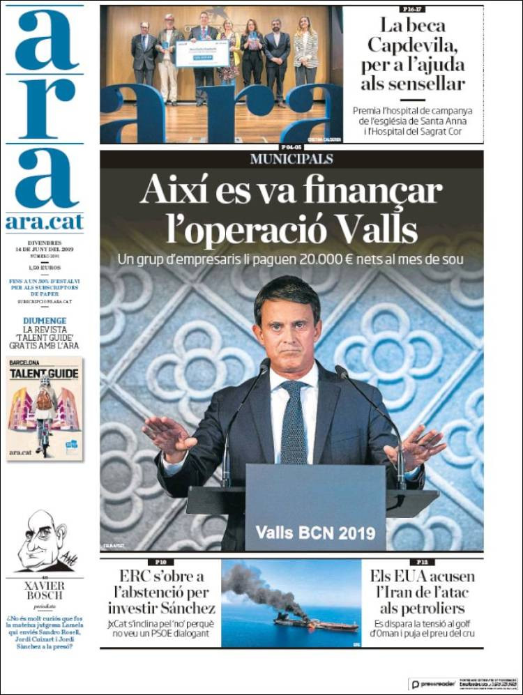 Portada de diario 'Ara' del 14 de junio