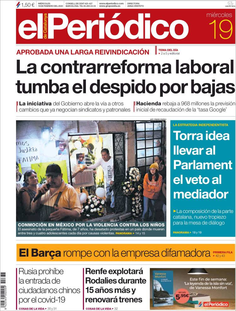 Portada de 'El Periódico' del 19 de febrero de 2020