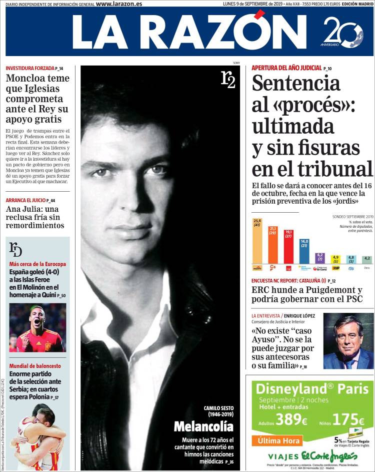 Portada de 'La Razón' del lunes 9 de septiembre
