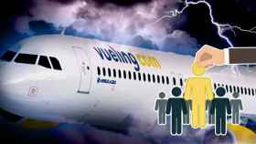 Avión de vueling en una tormenta, mientras una mano aparta a una figura que representa la directiva cesada.