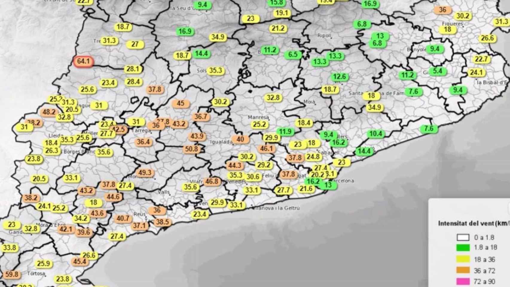 Mapa de previsiones de vientos del Meteocat / EP