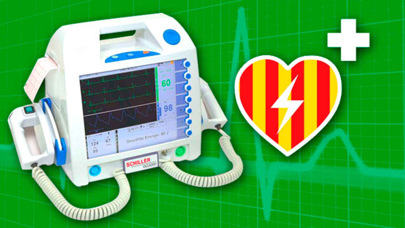 Imagen de un desfibrilador con la 'senyera' o bandera catalana / FOTOMONTAJE DE CG