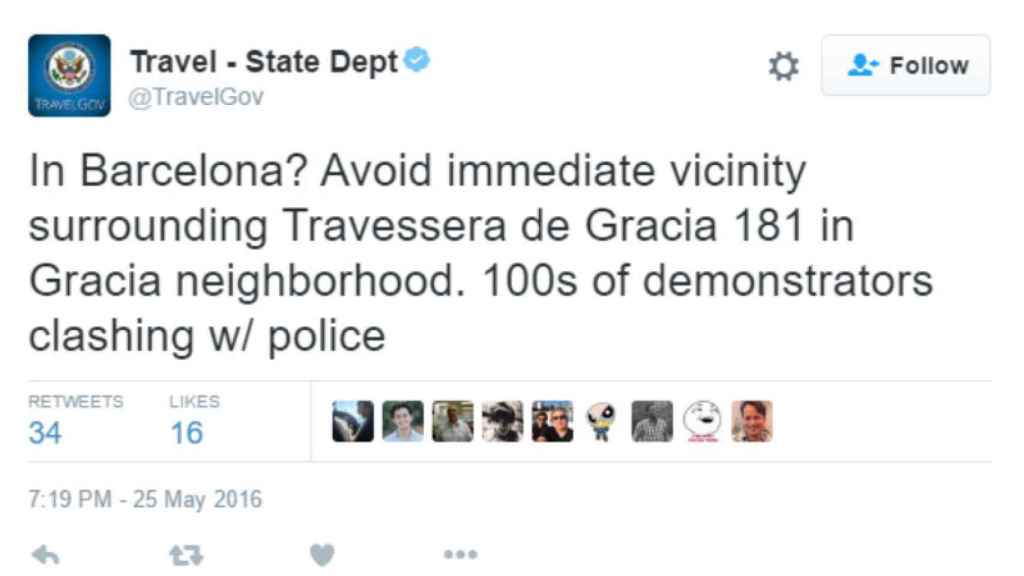 Tweet del Departamento de Estado de EE.UU en el que pide evitar Gracia.