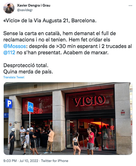 Mensaje de un cliente denunciando al restaurante Vicio / TWITTER