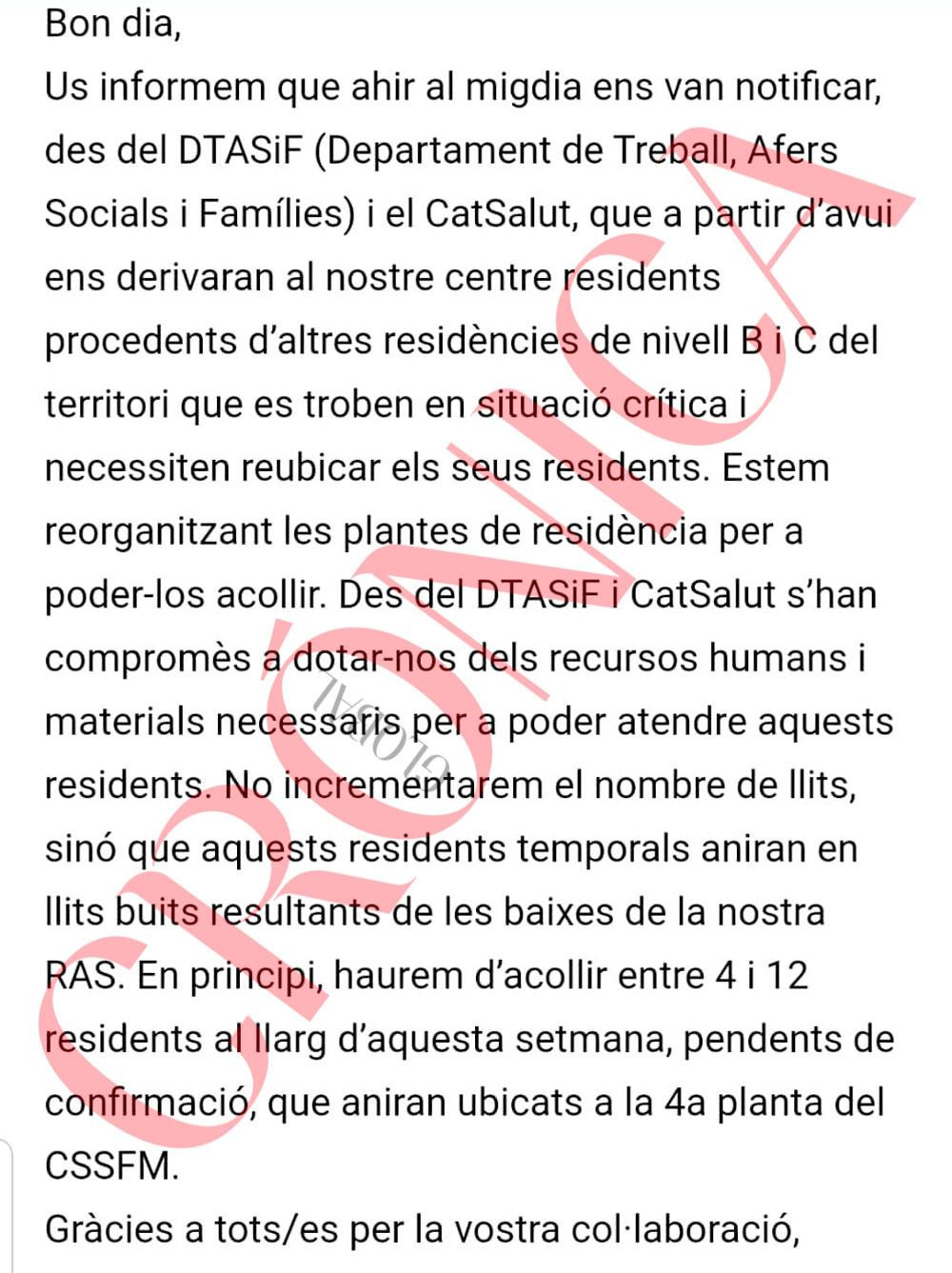 El Govern quiere cargar aún más el sociosanitario de Viladecans, donde ya ha habido 23 muertes por Covid-19 / CG