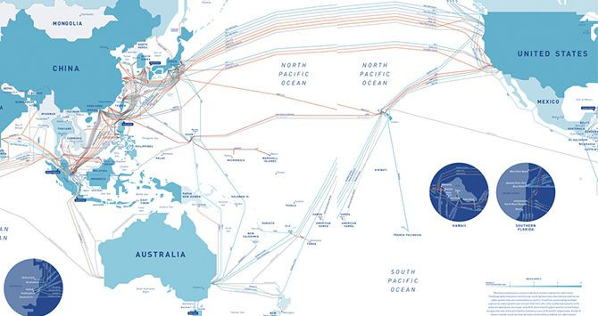 Cables marinos que unen Asia con Estados Unidos / Telegeography