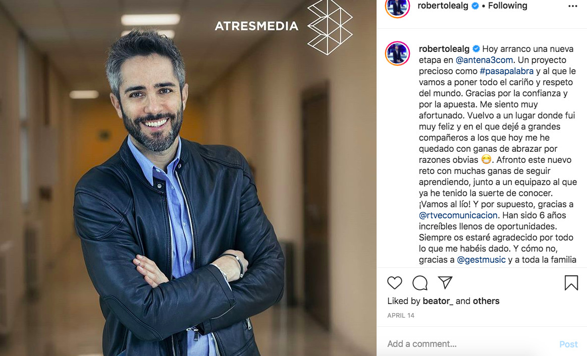 Roberto Leal comunica su fichaje por Antena 3 / INSTAGRAM