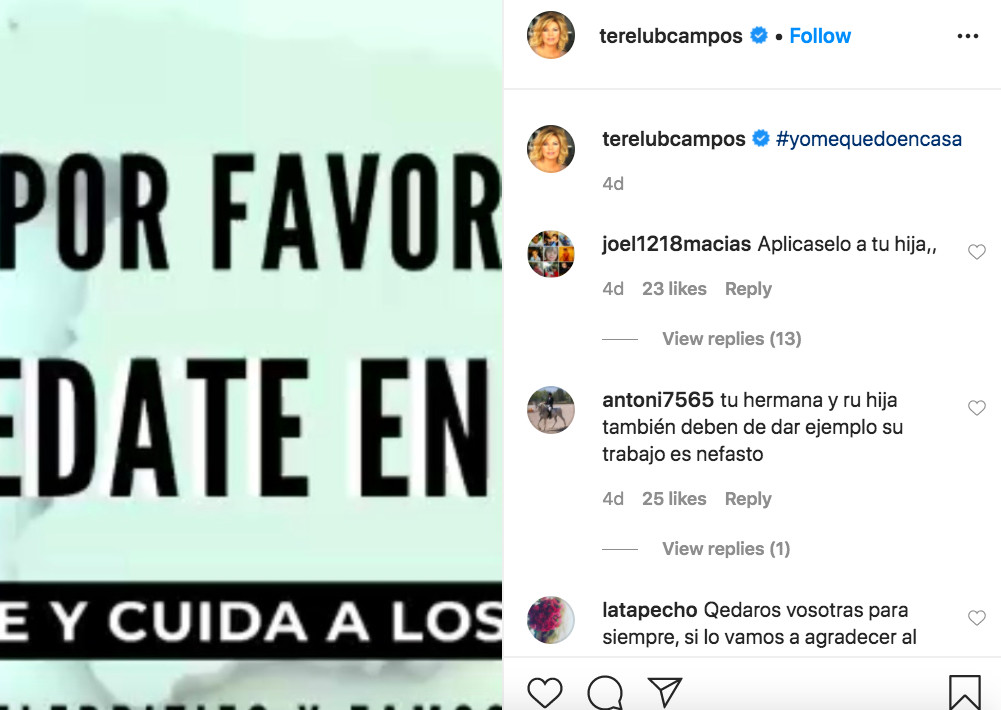 Terelu Campos comparte un vídeo para pedir a la gente que se quede en casa / INSTAGRAM