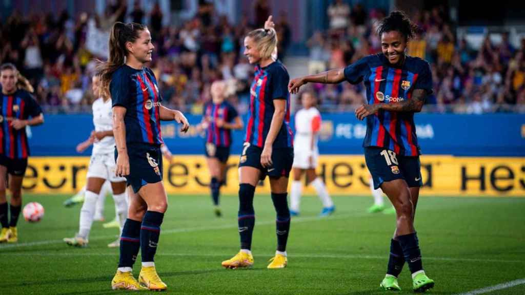 La celebración de Geyse Ferreira, durante la goleada del Barça Femenino en el Gamper / FCB