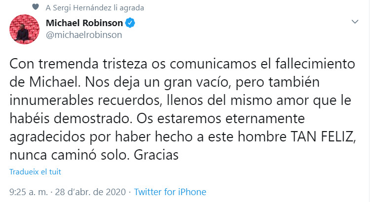 Mensaje en redes sociales de la cuenta de Robinson / Twitter