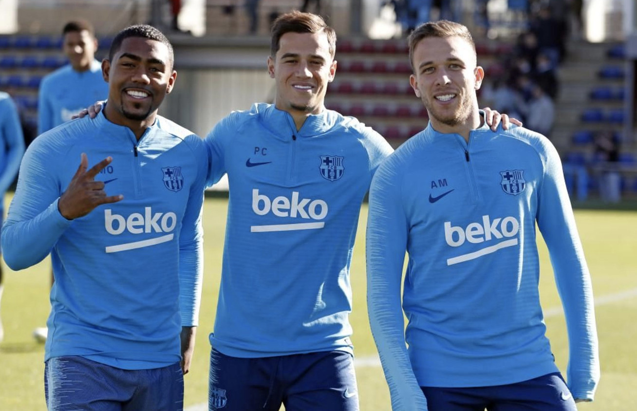 Una foto de Malcom, Coutinho y Arthur durante un entrenamiento del Barça / FCB