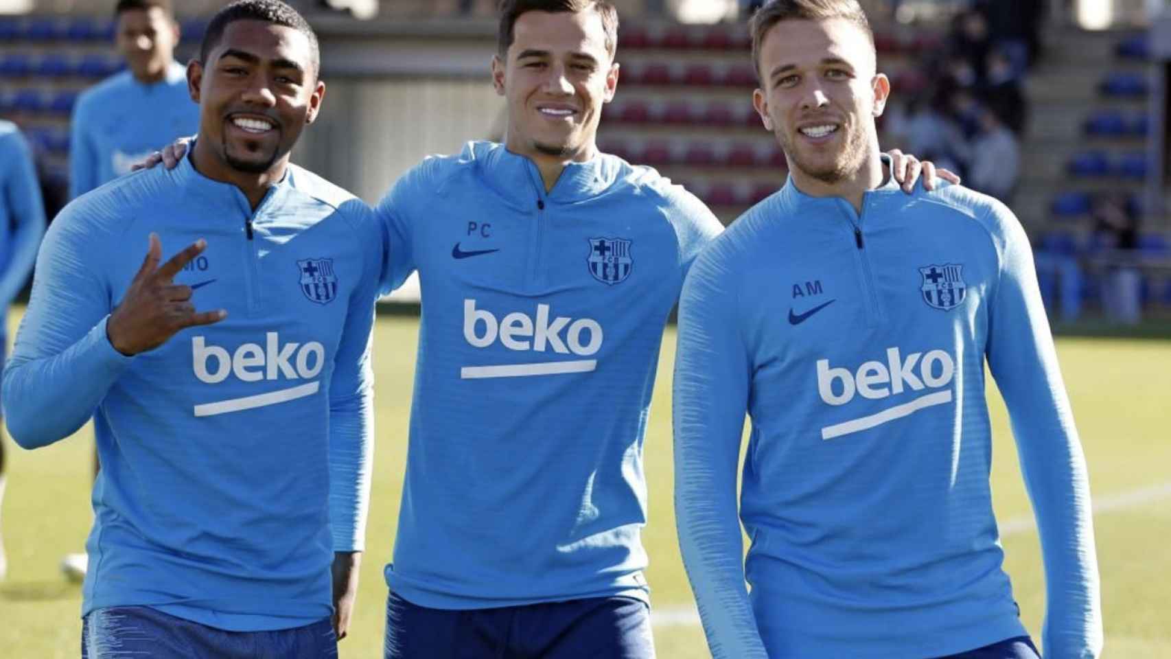 Una foto de Malcom, Coutinho y Arthur durante un entrenamiento del Barça / FCB