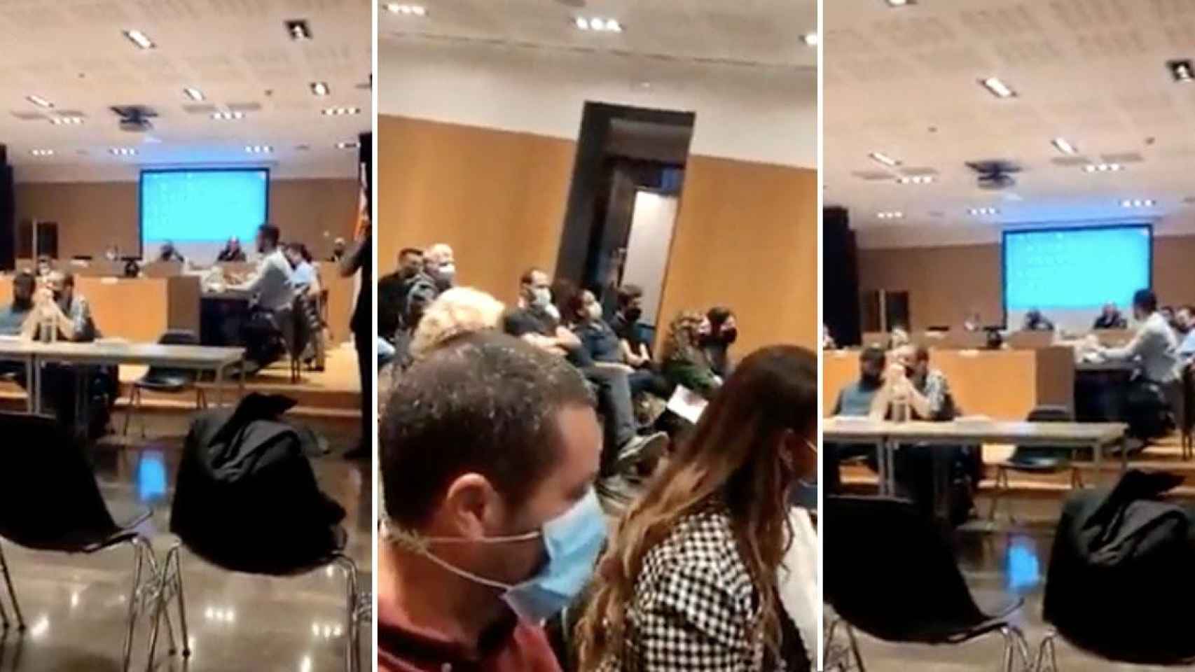 Tres instantes de la toma de posesión de Yeray Mellado, concejal de distrito de Barcelona pel Canvi / TWITTER