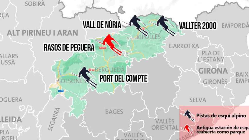 Las tres comarcas --Berguedà, Solsonès y Ripollès-- que el Govern ha dejado fuera de la consulta de los Juegos Olímpicos (JJOO) de Invierno para 2030, con sus respectivas infraestructuras de esquí / MONTAJE CG