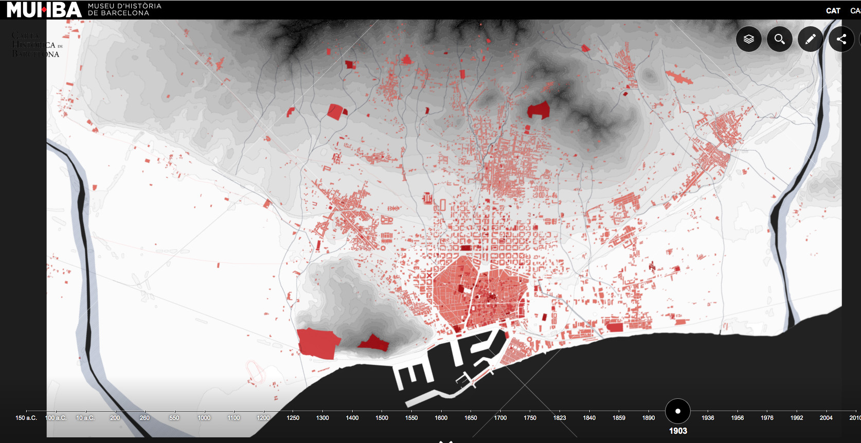 En rojo, los edificios que había en Barcelona en 1903 / MUHBA