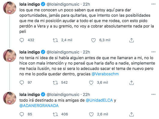 Publicación de Lola Índigo en Twitter / @lolaindigomusic