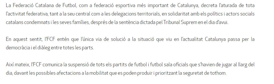 Comunicado de la FCF sobre la sentencia del procés / FCF