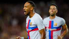 Aubameyang celebra su gol con el Barça frente al Manchester City / EFE