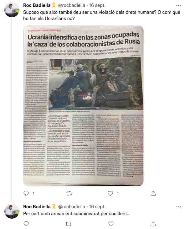 Tuit de Roc Badiella sobre la ofensiva de Ucrania